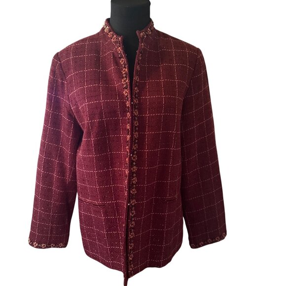 Susan Graver Style burgundy with floral trim blazer jacket size M - Picture 1 of 8